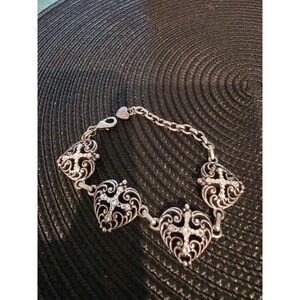 Brighton Silver Tone Filigree Heart Cross Crystal Link Bracelet Romantic Gothic
